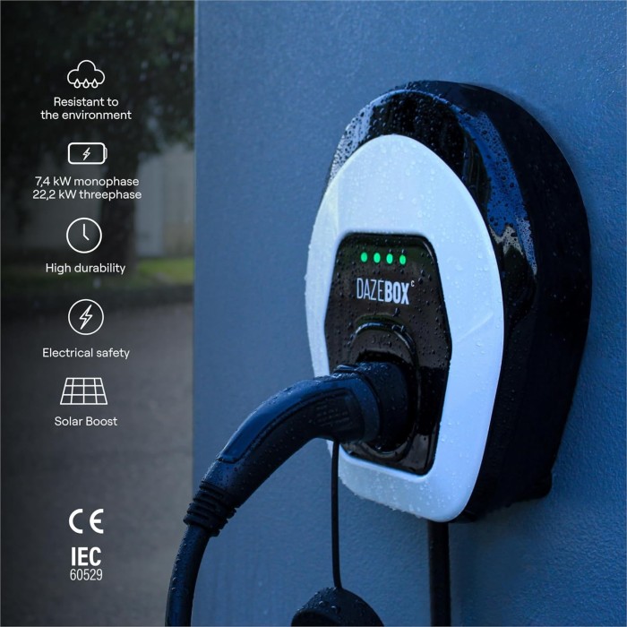 Dazebox c 7.4kw single-phase 32a charging station, ip55 ik10, wifi and bluetooth, white wall box with type 2 cable length 5m