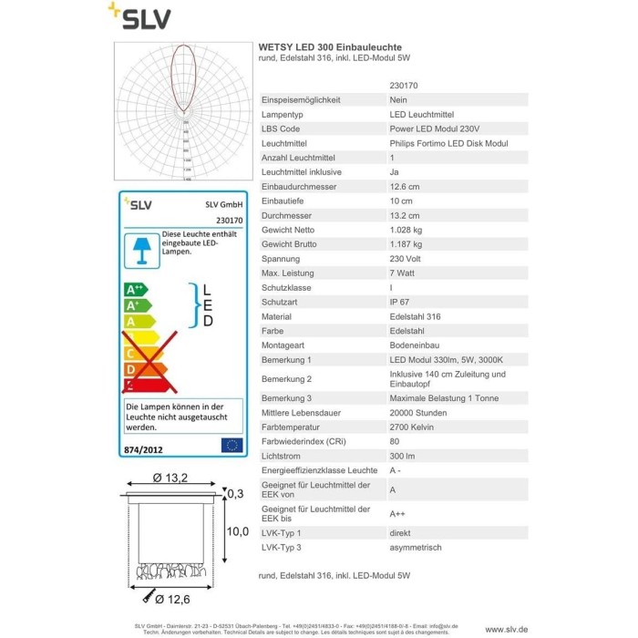 Slv wetsy led disk 300 recessed floor luminaire, round, 316 stainless steel, incl. 7.7w led