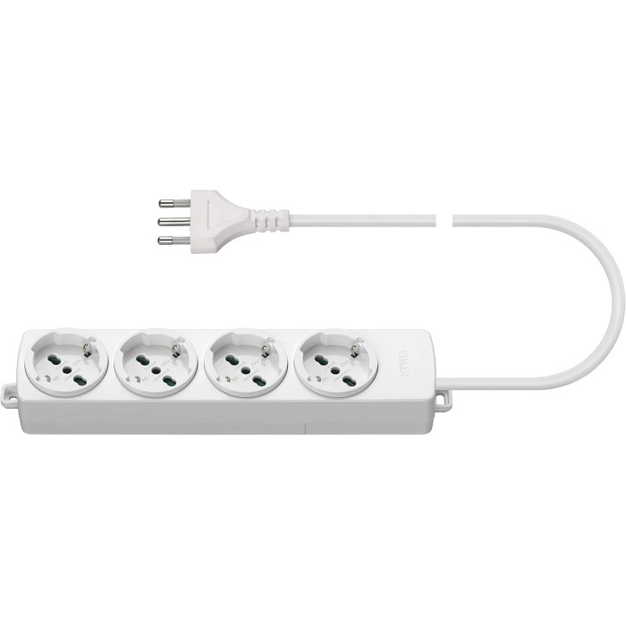 Universal multiple socket 4 outlets + 2m white cable 3 conductors 1.5mm2 plug 16a 250v power 3680w