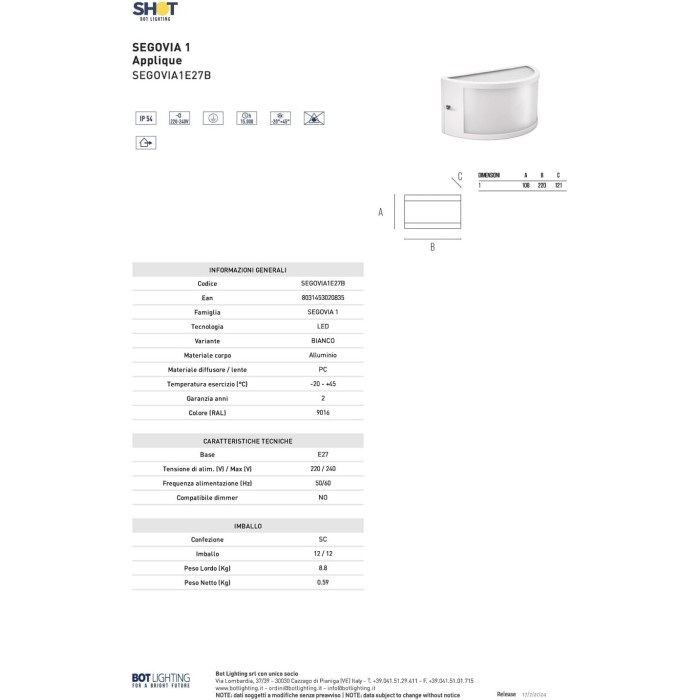 Applique da muro in alluminio e policarbonato bianco e27 ip54