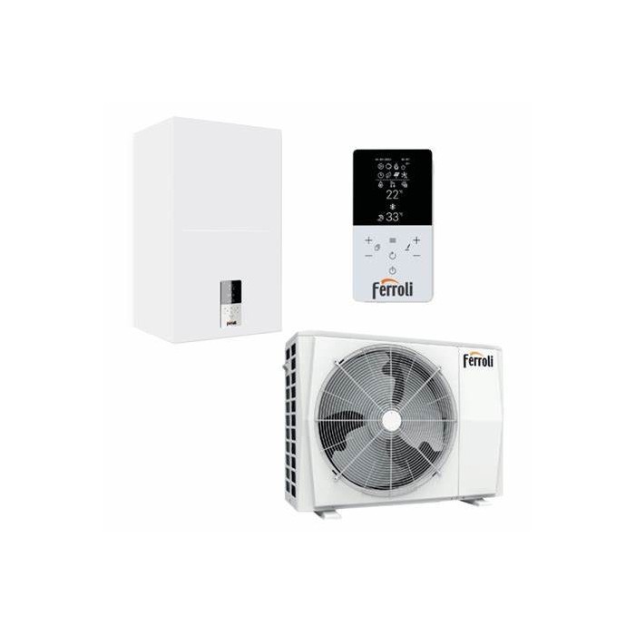 Pompa di calore sistema ibrido reversibile aria-acqua inverter ferroli omnia s 3.2 hybrid c 06 - 6 kw r-32 con comando incluso.