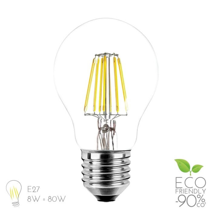 Ledbyled e278wrcl led e27 8w 880lm 2700k filamento vetro trasparente goccia clear.