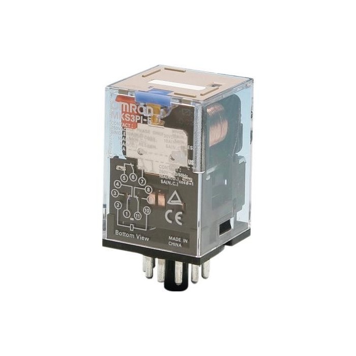 Rele-3 contatti in scambio, 10 A/250 Vc.a., undecal, indicatore meccanico e pulsante di prova