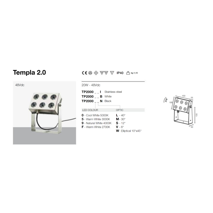 Templa2.0 outdoor projector 20w 48vdc 3000k 10°x45° stainless steel