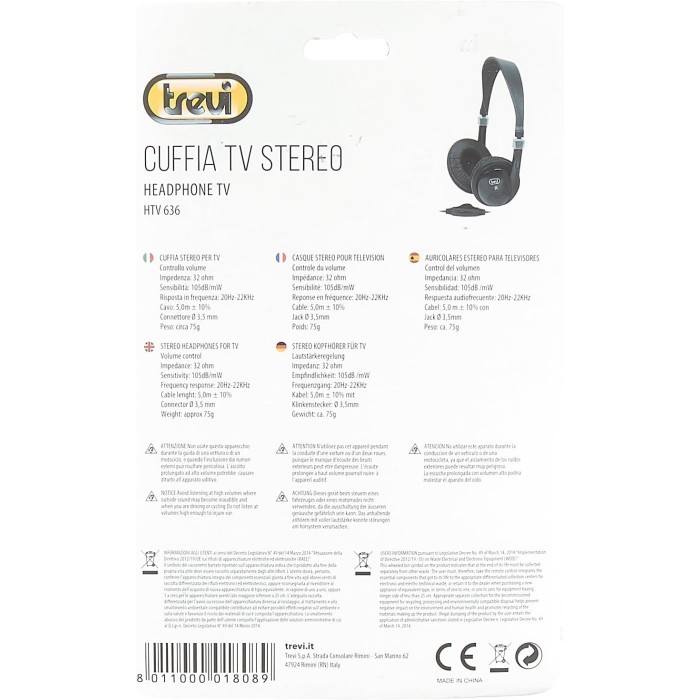 Trevi HTV 636 Stereo TV Headphones with Cable and Volume Control - Black
