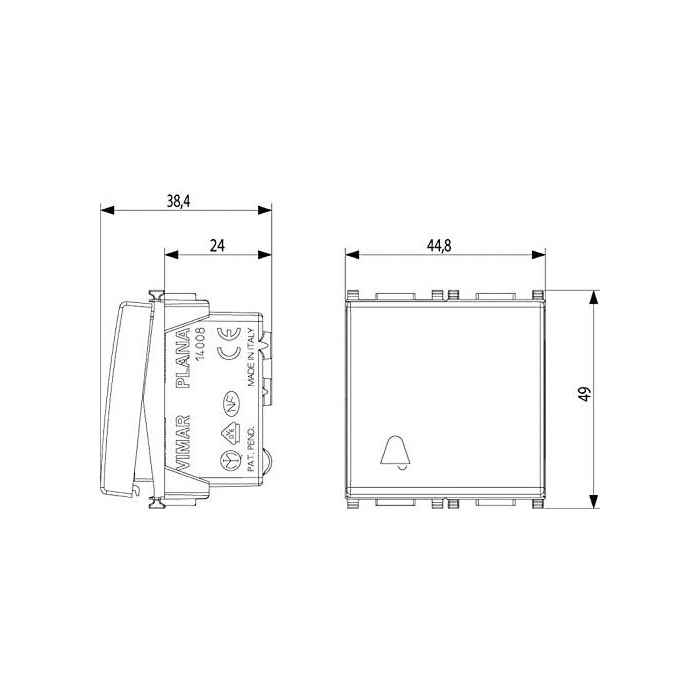 1 Pole NO 10A 2 Module Button for Bell - Vimar 14008.2.C