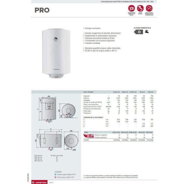 Ariston Thermo PRO 100 H/3 EU - Scaldabagno Elettrico ad Accumulo Orizzontale 100L